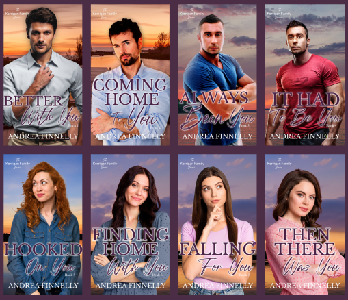 The Kerrigan Family series by Andrea Finnelly, steamy small town romantic suspense, series graphic showing all eight book covers, top four include the men of the Kerrigan family while the bottom four include the women of the Kerrigan family.